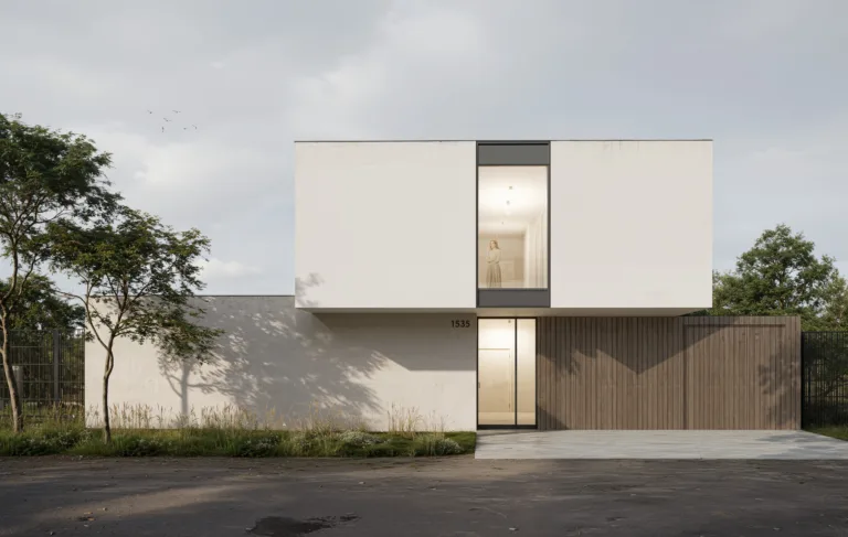 Hlavní vizualizace projektu rodinného domu v Dašicích z pohledu od ulice reflektuje jeho minimalistické pojetí.