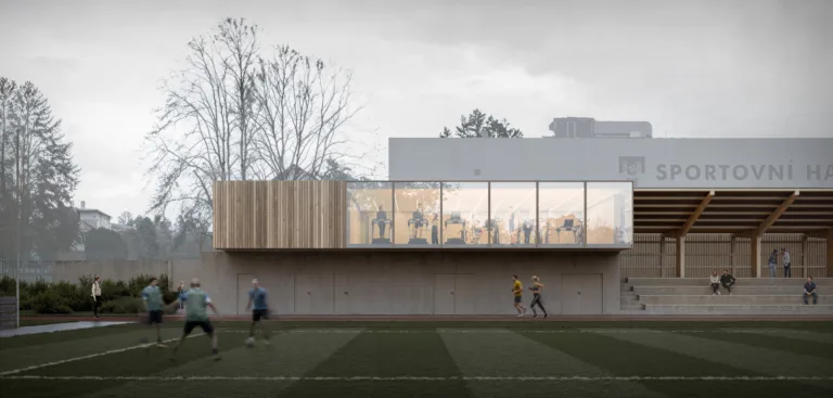 Hlavní vizualizace projektu "Revitalizace sportovního areálu Tatran Podbořany". Na vizualizaci je vidět jeden z řešených objektů areálu.