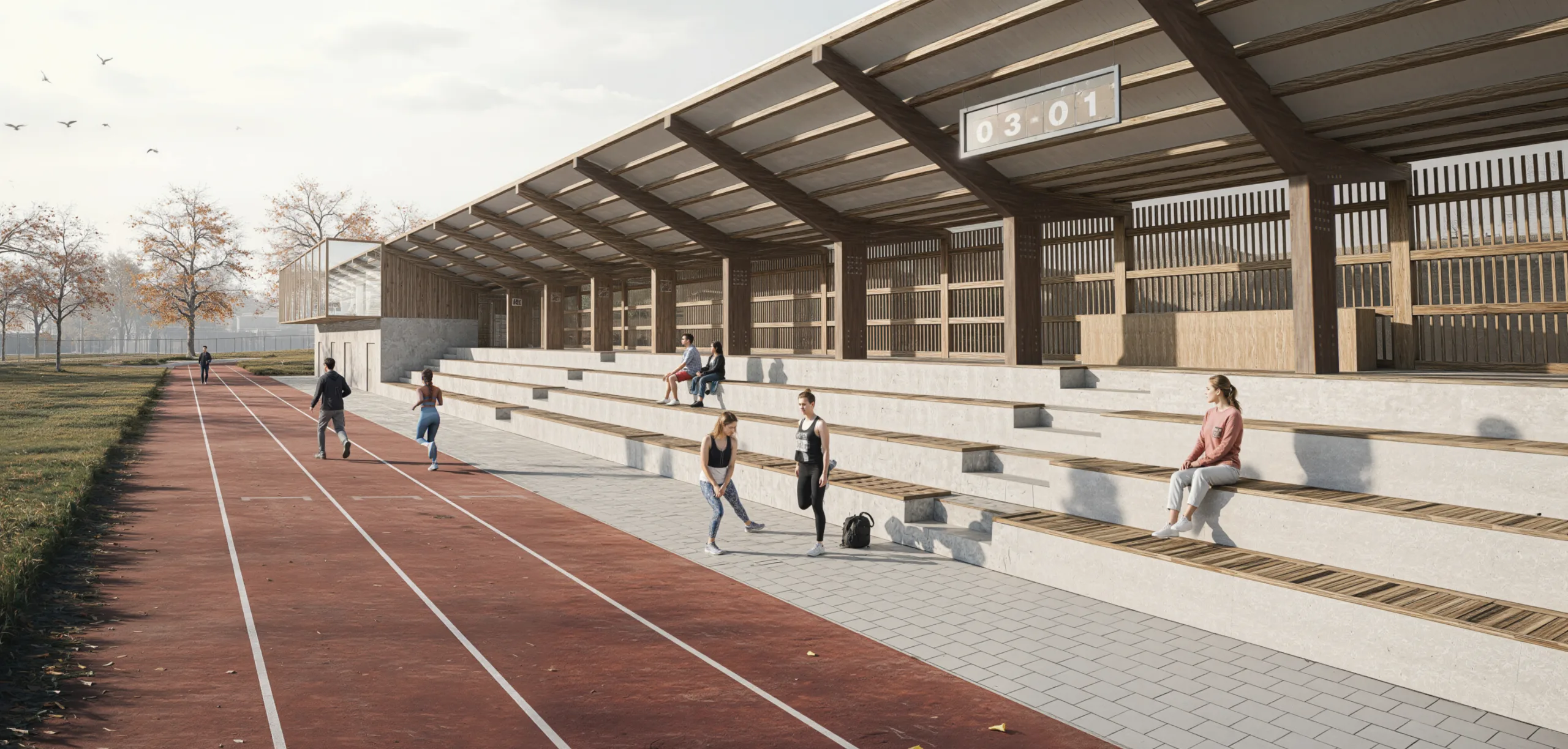 vizualizace západní tribuny navrženého sportovního areálu reflektuje její hmotové a materiálové řešení