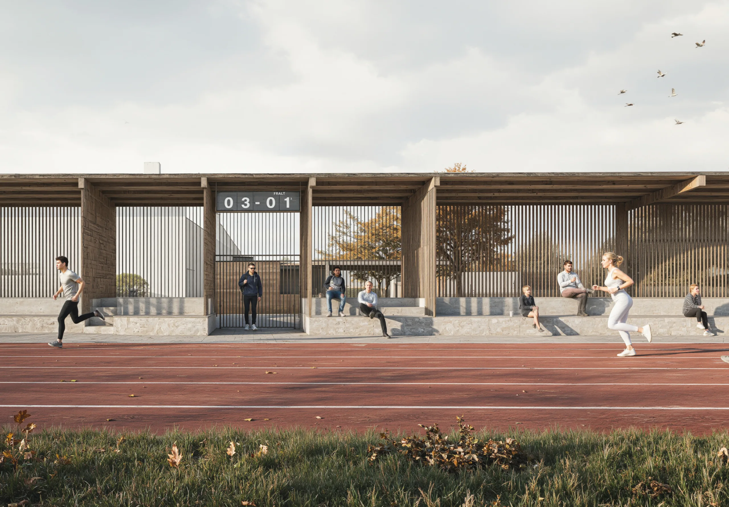 vizualizace východní tribuny reflektující její materiálové řešení