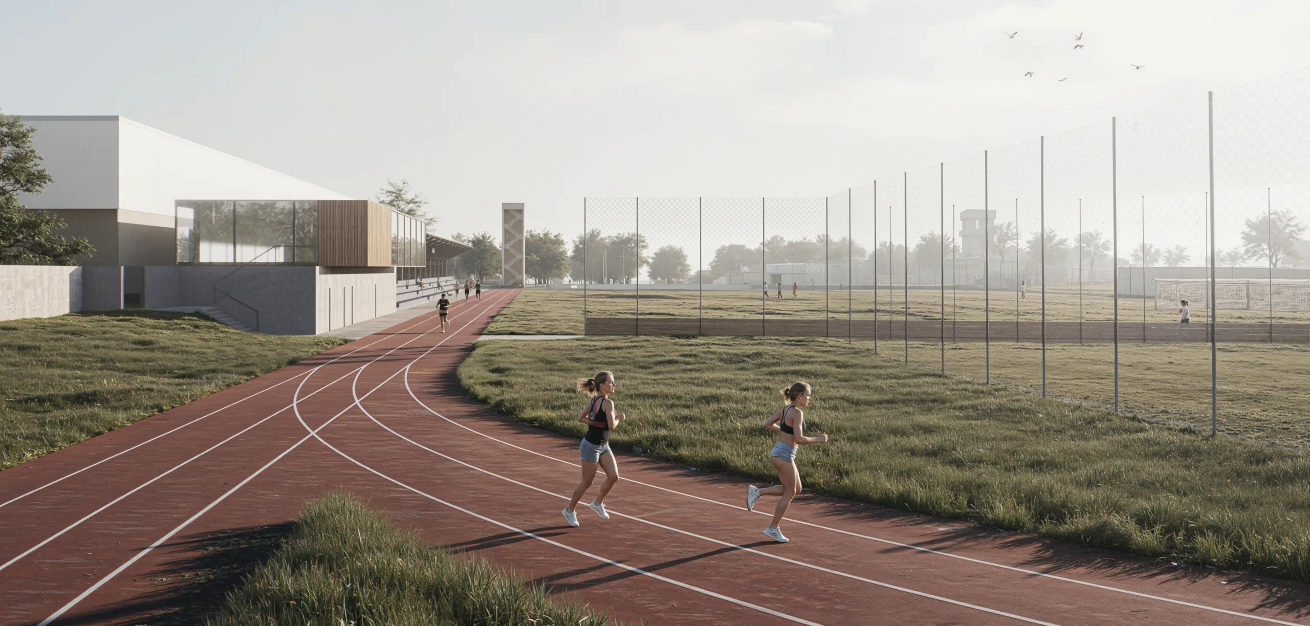 vizualizace sportovního areálu z jižnín strany poukazující na nově navržené sportovní objekty a plochy